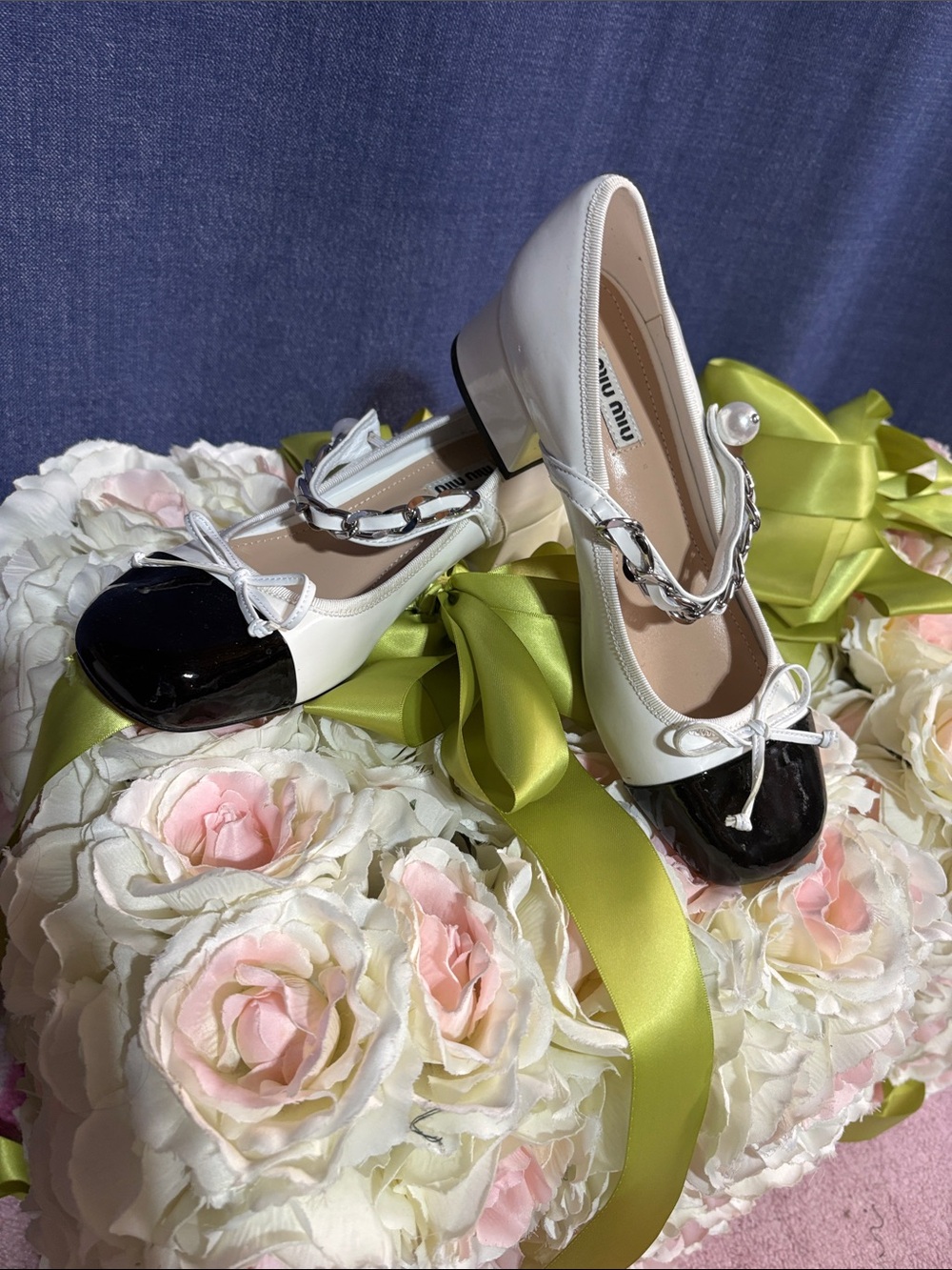 Miu Miu White Leather Ballet Flats with Black Patent Toe and Chain Strap